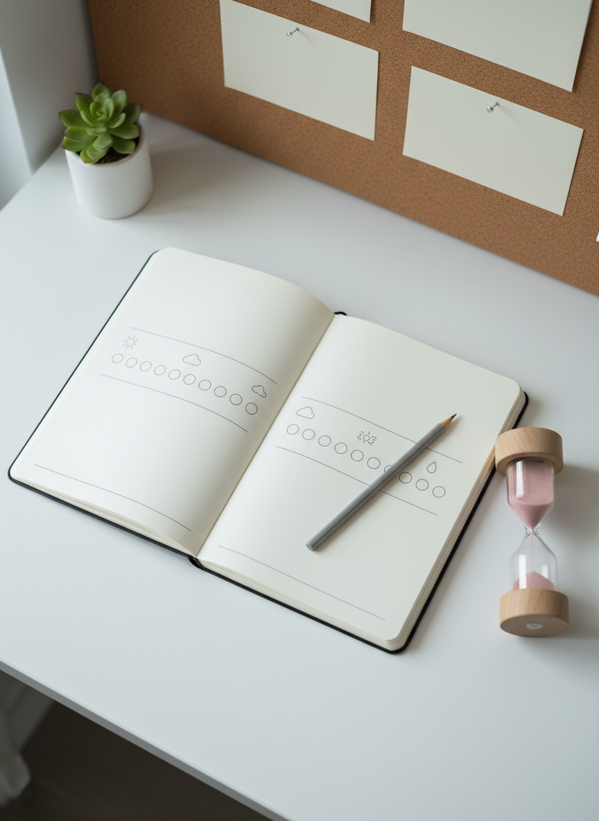 An open notebook with thick, cream-colored pages shows a structured mood-tracking layout with simple icons and empty circles, no handwriting, resting on a clean, matte white desk. A slim graphite pencil lies diagonally across the page, and nearby sits a minimal sand timer half-full of pale pink sand. The background shows a softly blurred cork board with pinned blank cards and a small plant. Cool, diffused daylight from an unseen window gives the scene a restful clarity, with soft shadows under each object. Photographic realism, shot from directly above for a flat-lay composition, creates a clean, organized aesthetic. The atmosphere feels reflective and empowering, illustrating psychological self-observation tools used in therapy and online consultations.