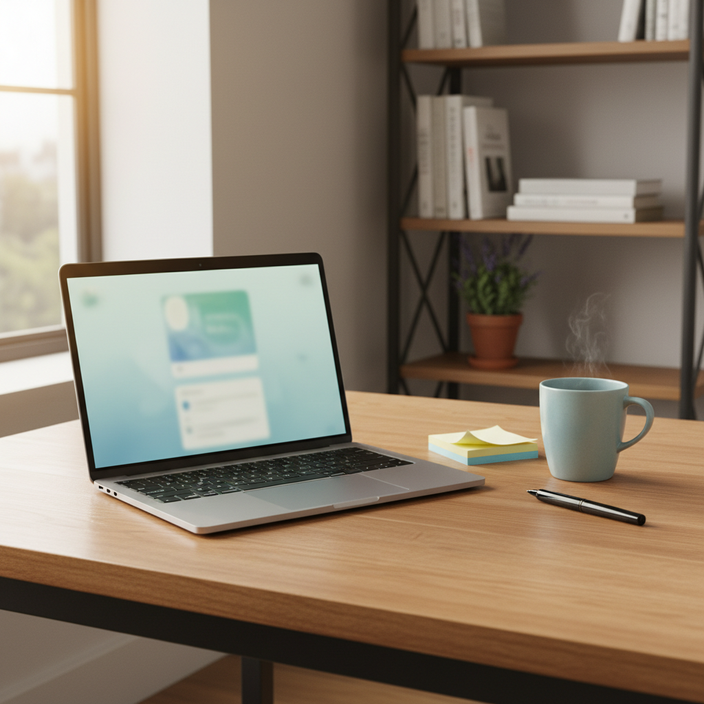 A modern laptop with a slim, brushed aluminum body sits open on a smooth oak table, screen showing a softly blurred interface resembling an online consultation platform without any visible people. Next to it lies a neatly stacked set of sticky notes, a fine-tip pen, and a calming, pale blue ceramic mug. Natural afternoon light streams in from the left, creating gentle reflections on the laptop surface and a cozy glow across the scene. Background elements include a softly out-of-focus bookshelf with psychology literature and a small lavender plant. Photographic realism, shot from a slightly elevated angle using the rule of thirds, emphasizes the laptop as a gateway to psychological support. The atmosphere is reassuring and professional, yet relaxed and approachable.
