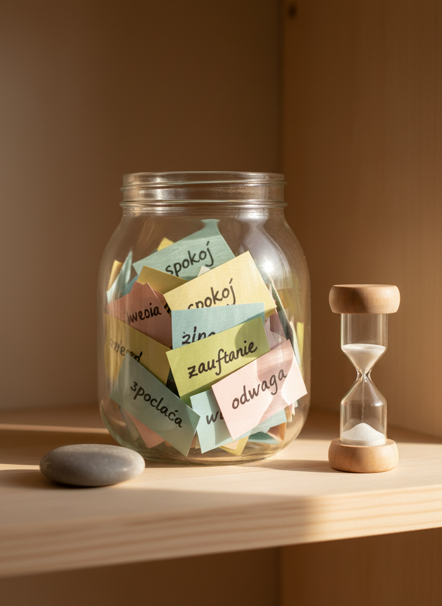 A close-up of a clear glass jar filled with multicolored, hand-written affirmation cards, each card delicately visible with encouraging Polish words like “spokój”, “zaufanie”, and “odwaga”, though none fully readable. The jar rests on a pale birch wood shelf alongside a small hourglass with fine white sand and a smooth, palm-sized worry stone in soft gray. Soft morning light filters through from the right, creating luminous highlights on the glass and gentle shadows behind the objects. Photographic realism at eye level with shallow depth of field makes the affirmation cards the main focus. The mood is supportive and hopeful, symbolizing the tools and resources used in psychological work with youth and adults.