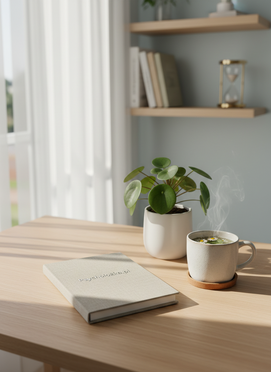 A tidy, light wood desk with a closed, linen-textured notebook labeled “Psycholożka.pl” in subtle silver lettering, resting beside a ceramic cup of herbal tea and a small leafy plant in a white matte pot. The desk stands near a large window with sheer white curtains, soft daylight diffusing gently into the room and casting calm, elongated shadows. In the blurred background, minimalist shelves hold a few psychology books and a sand timer. Photographic realism, eye-level composition with shallow depth of field keeps the notebook in crisp focus. The mood is warm, safe, and inviting, evoking the feeling of a private online psychological consultation space, clean and modern, with muted pastel tones and lots of breathing room.