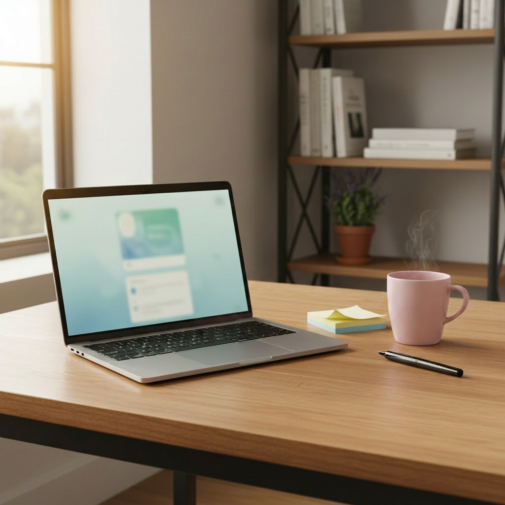 A modern laptop with a slim, brushed aluminum body sits open on a smooth oak table, screen showing a softly blurred interface resembling an online consultation platform without any visible people. Next to it lies a neatly stacked set of sticky notes, a fine-tip pen, and a calming, pale blue ceramic mug. Natural afternoon light streams in from the left, creating gentle reflections on the laptop surface and a cozy glow across the scene. Background elements include a softly out-of-focus bookshelf with psychology literature and a small lavender plant. Photographic realism, shot from a slightly elevated angle using the rule of thirds, emphasizes the laptop as a gateway to psychological support. The atmosphere is reassuring and professional, yet relaxed and approachable.